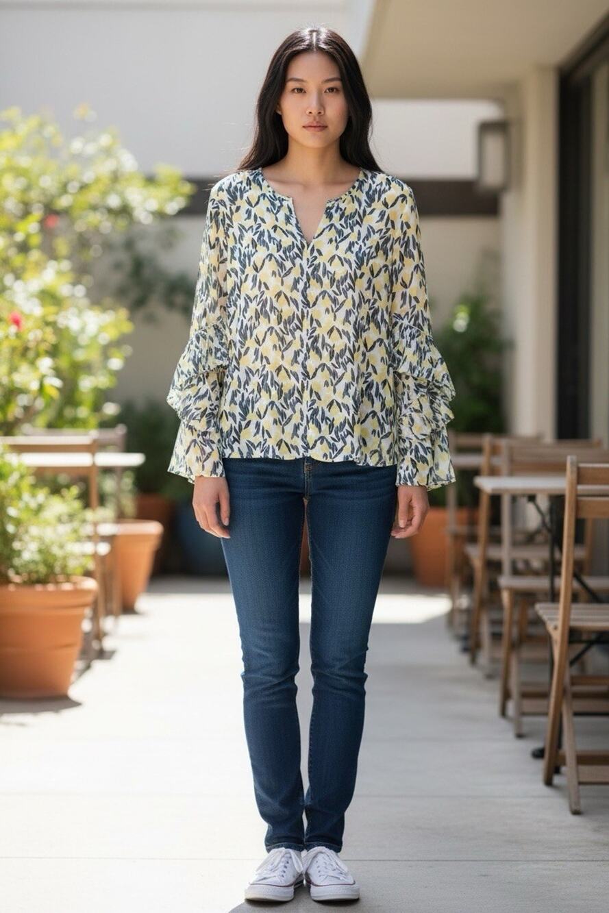 Ann Taylor Floral Pullover Top Flutter Sleeves Cottage Boho Yellow Blue Size L